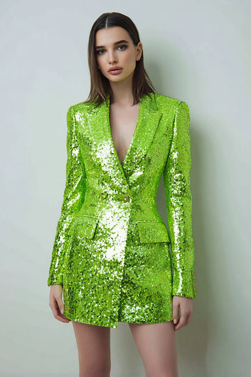 Green Long Sleeve Peak Lapel Prom Blazer With Sequins